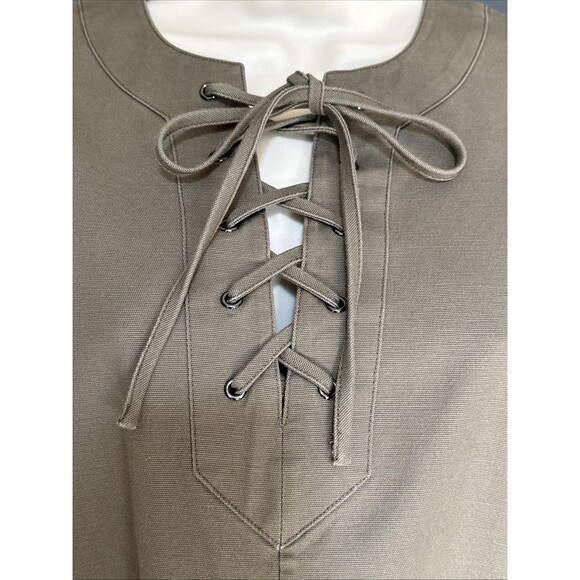 Ann Mashburn Size M Shift Dress Military Green Minimalist Cotton Blend Lace Up - Picture 5 of 8
